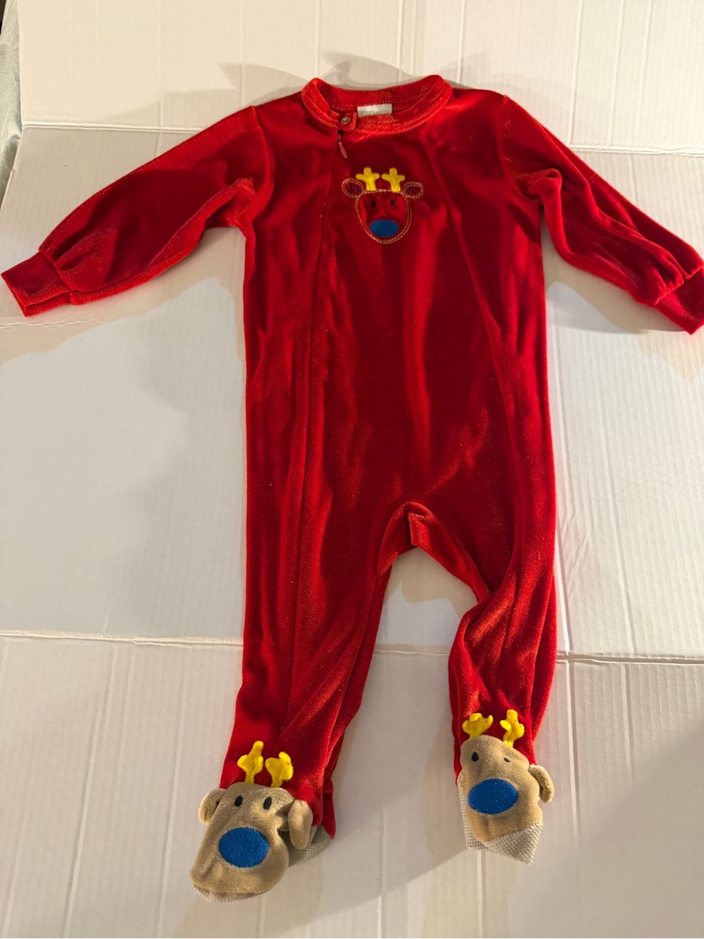 #306 Red Baby One-Piece Footed Romper with Reindeer Appliqué